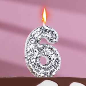 Свеча в торт «Блестки», цифра "6",серебро, 6,5 см 5572710