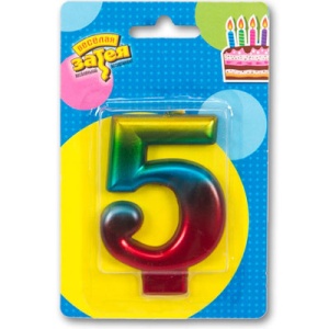 Свеча -цифра "5" Радуга металлик 8см/V